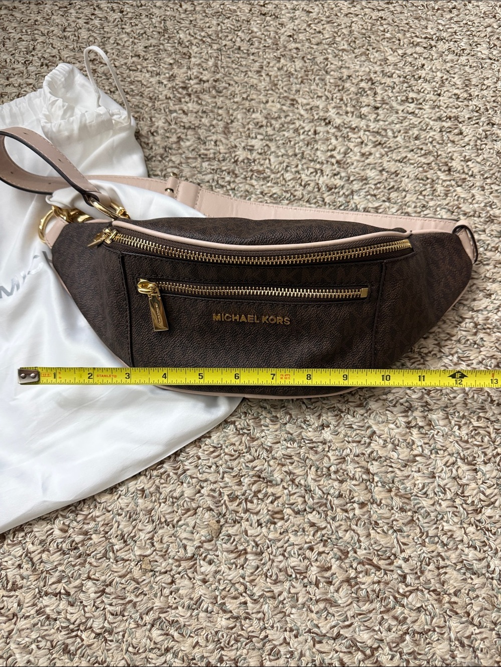 Michael Kors Brown Monogram Crossbody Belt Bag with Gold Hardware and pink Trim - Picture 8 of 9
